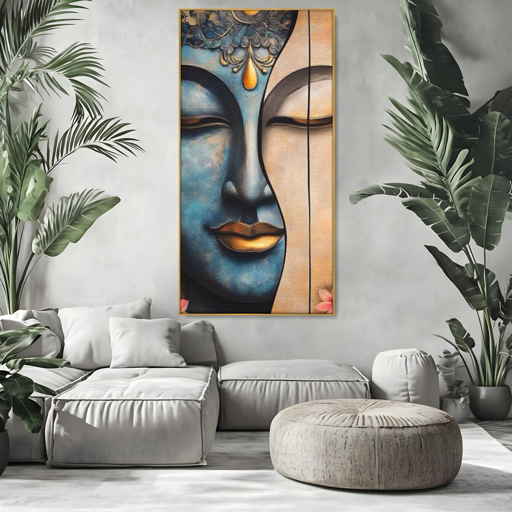 Tablou canvas cu tablou canvas cu chipul lui buddha, in rama de aluminiu auriu, pe perete intr-un living